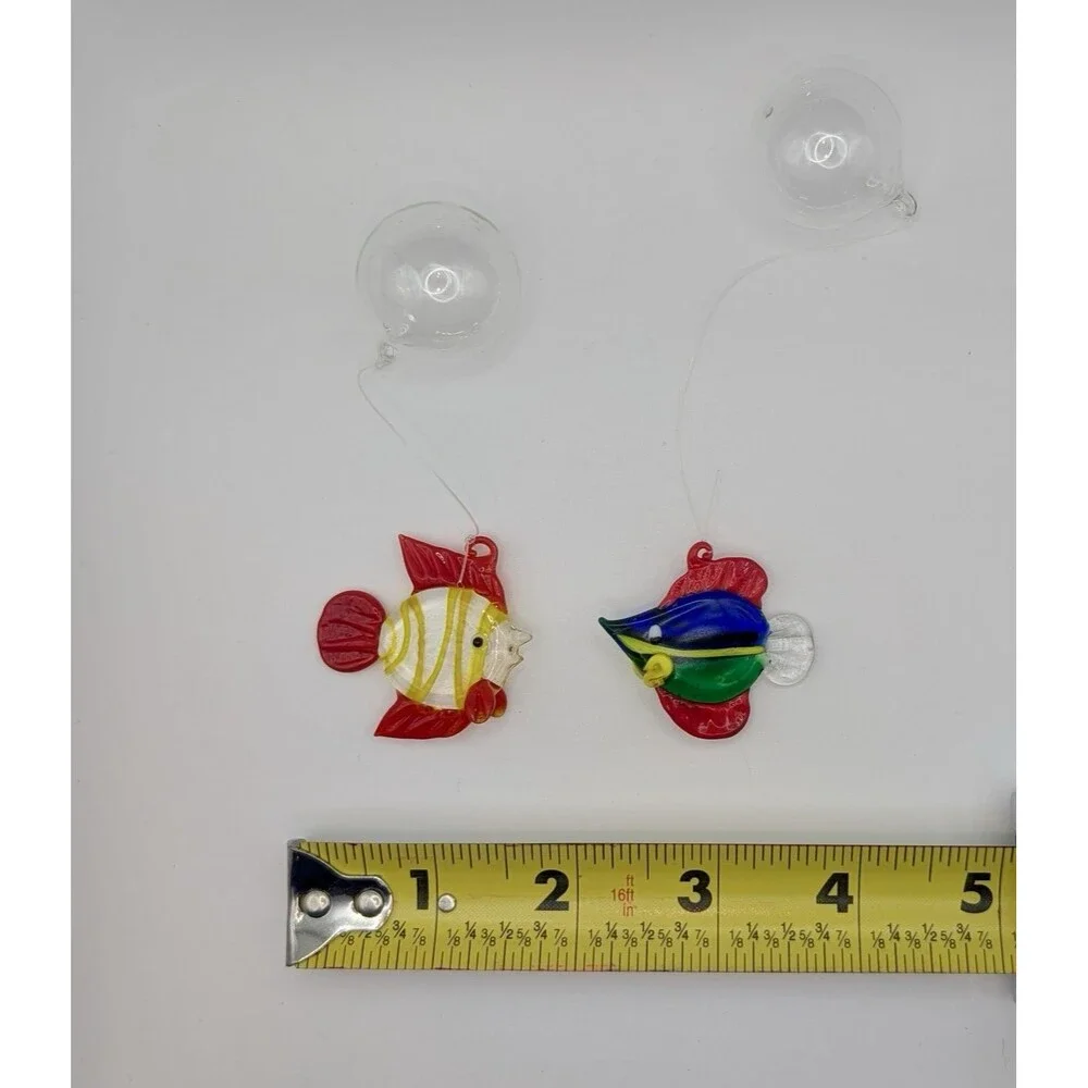 Lot of 2 LS Arts Blown Glass Floating Fish w Bubble Tropical Tank Aquarium Decor